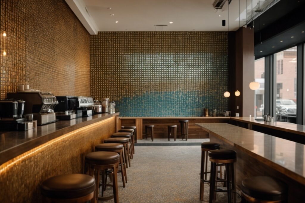 Denver coffee shop interior with mosaic mantle-inspired patterned window film, reducing glare and UV exposure