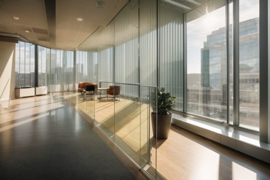 Denver office interior with sunlight filtering through decorative window film
