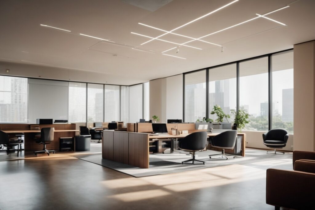 interior office space with visible UV protection window film, comfortable furnishings, and reduced glare
