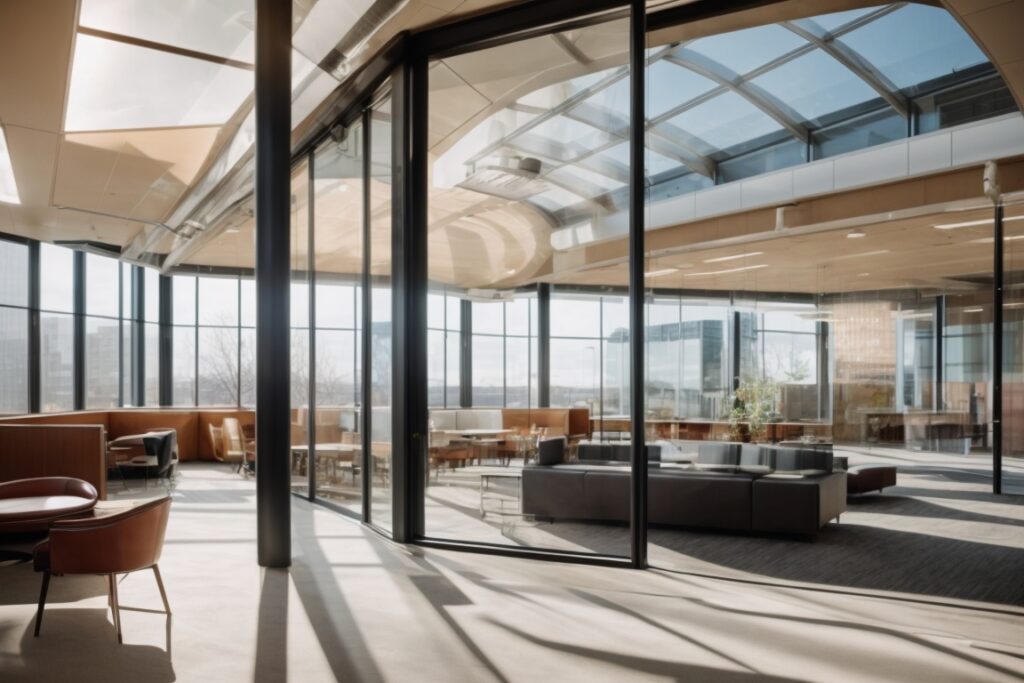 Modern Denver office interior with sunlight filtering through commercial window film