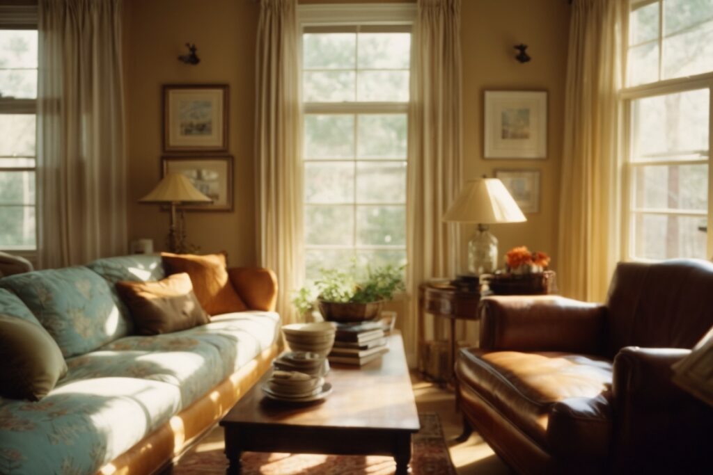 Denver home interior with faded furniture and glaring sunlight through standard windows