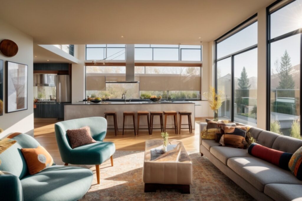 Denver home interior with sunlight filtered through fade prevention window film, vibrant furnishings and artwork visible