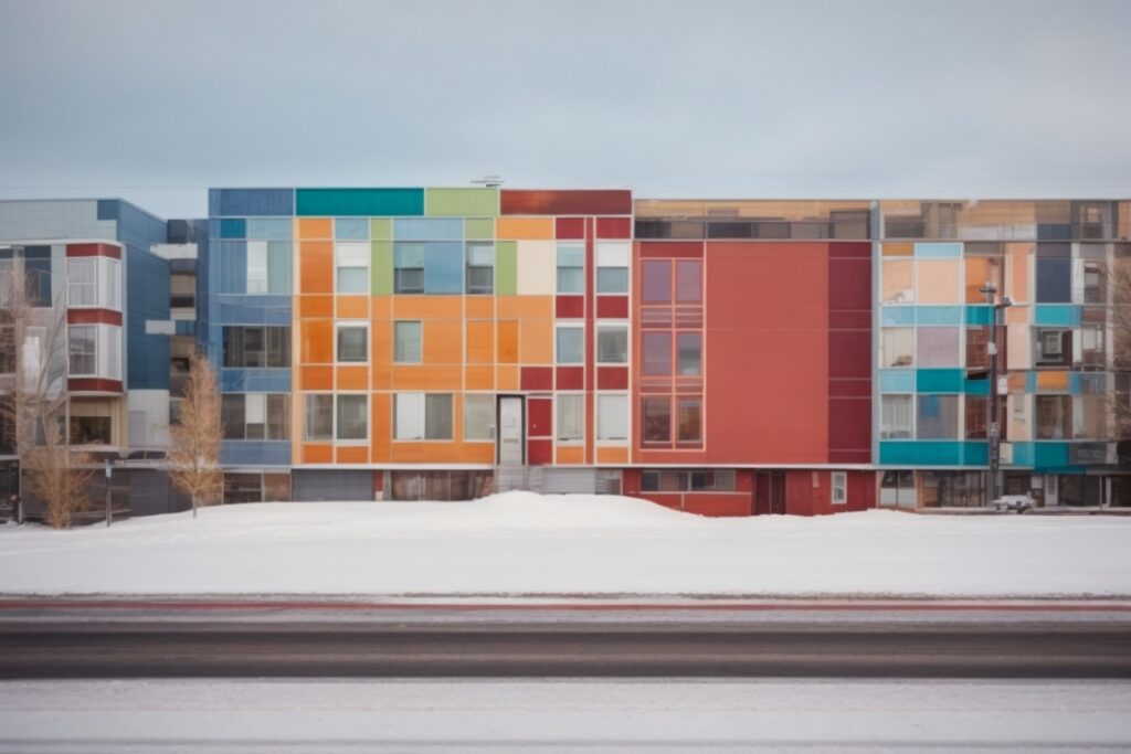 colorful building wraps on Denver structures against snow background