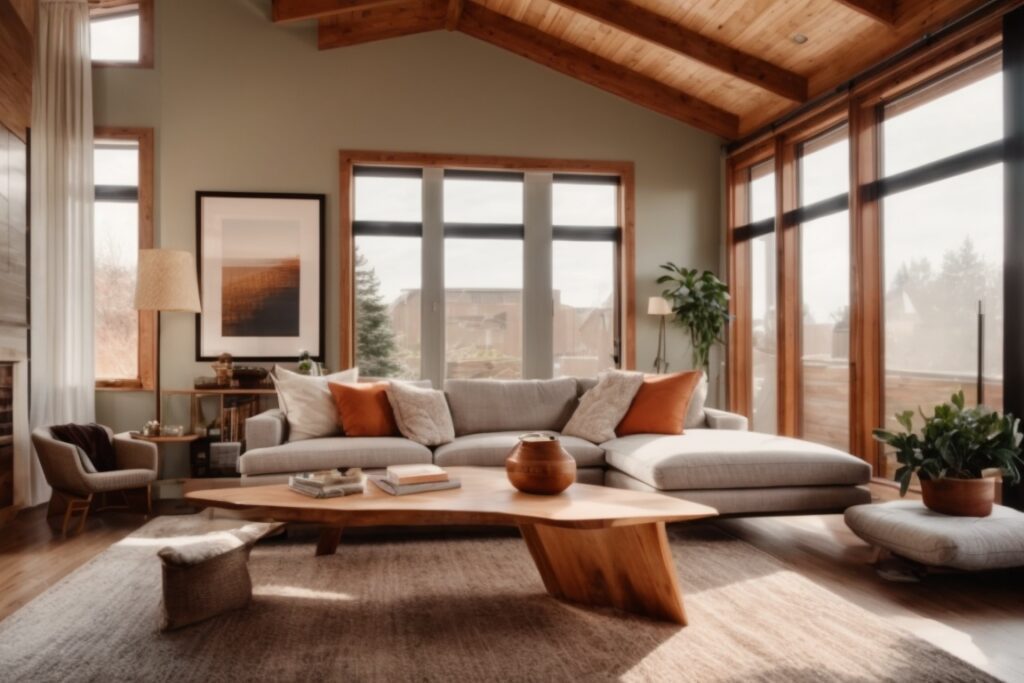 Denver home interior with insulating window film, cozy living room, energy-efficient lighting