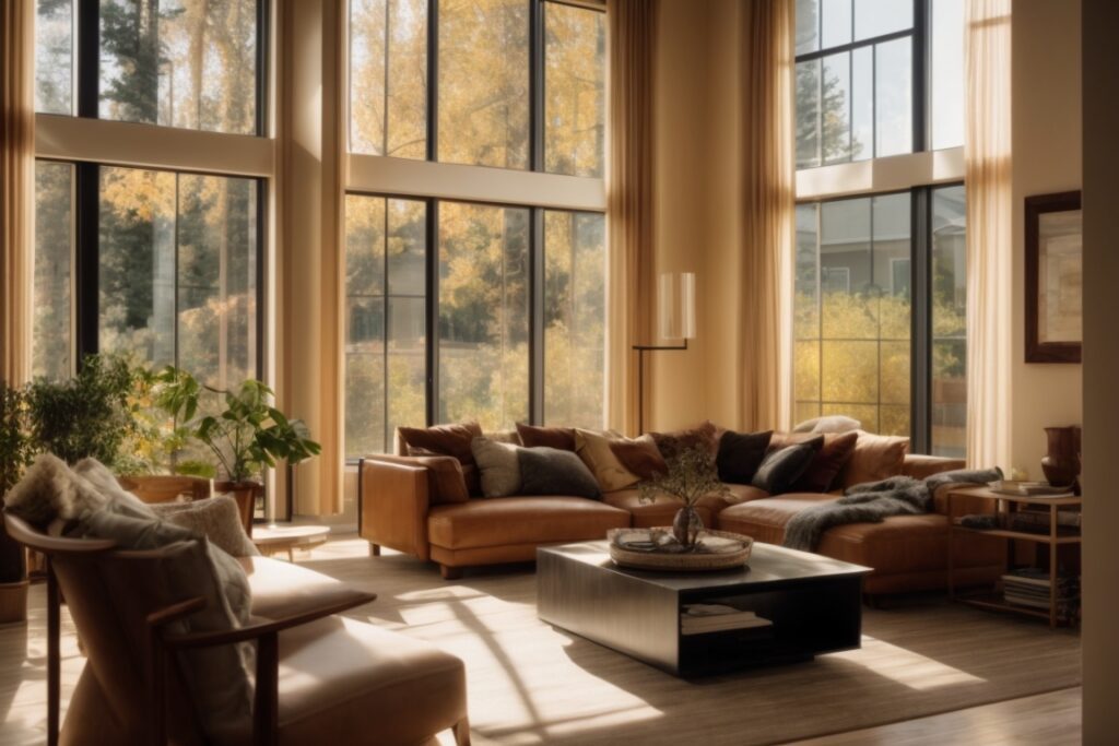 Denver home interior with climate control window film, sunlight filtering through