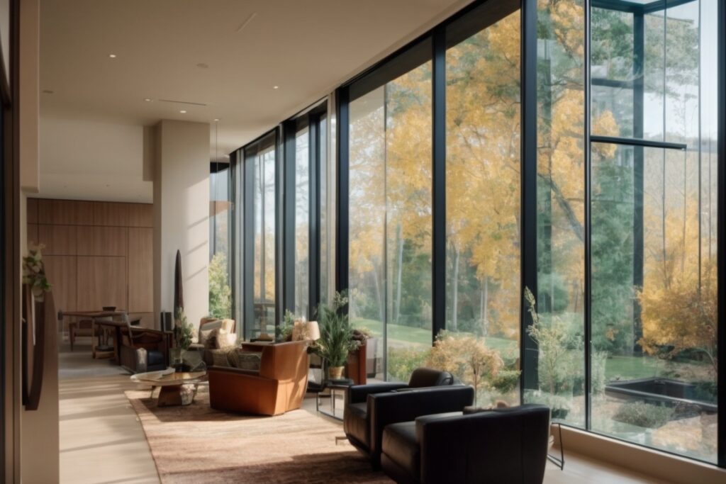 Decorative window film installation in modern Denver home interior