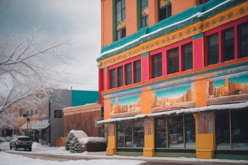 colorful and vibrant building wrap on Denver storefront with snowy landscape background
