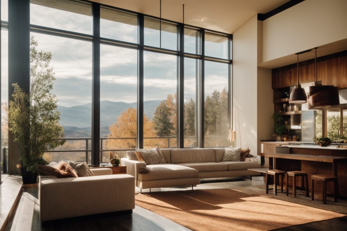 Denver home with visible low-E window film, reflecting sunlight, energy-efficient