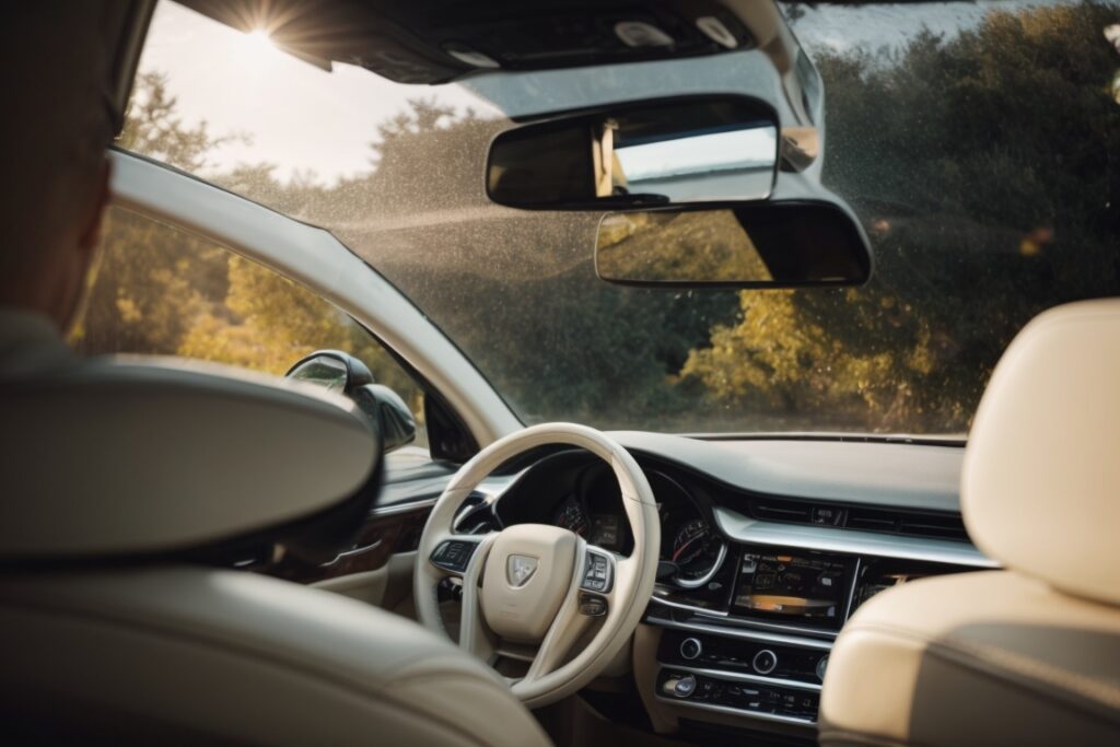 Car interior with high-quality window tint film under bright sunlight