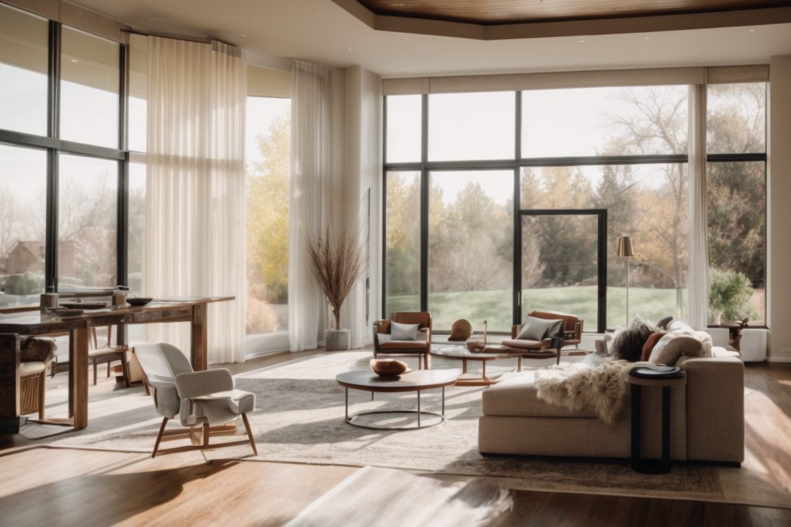 Denver home with frosted window tinting showcasing energy-efficient, stylish interior