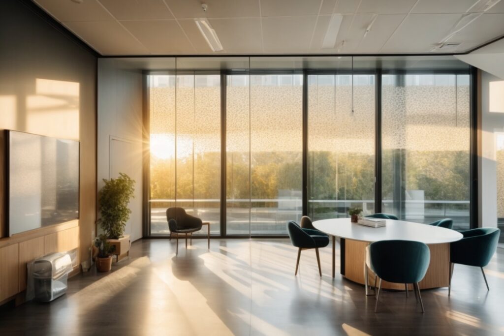 Bright office interior with custom decorative window films, reflecting sunlight and enhancing privacy