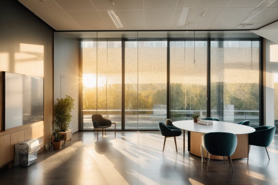 Bright office interior with custom decorative window films, reflecting sunlight and enhancing privacy
