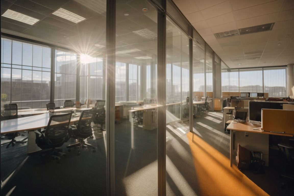 Denver office interior with sunlight diffused by glare-reducing window film