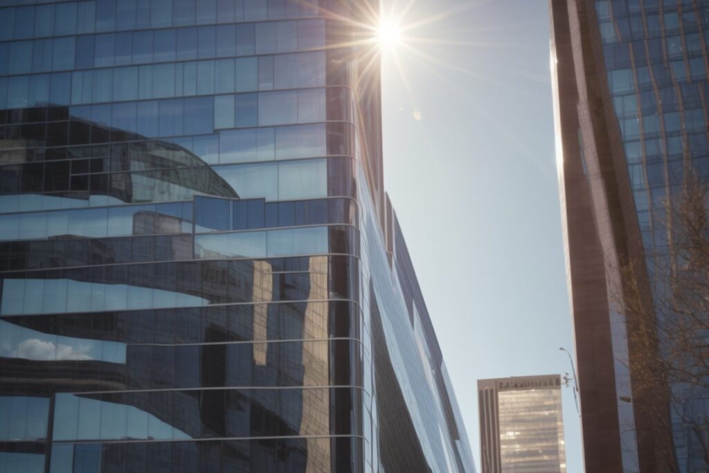 high-altitude Denver office building with tinted windows and intense sunlight