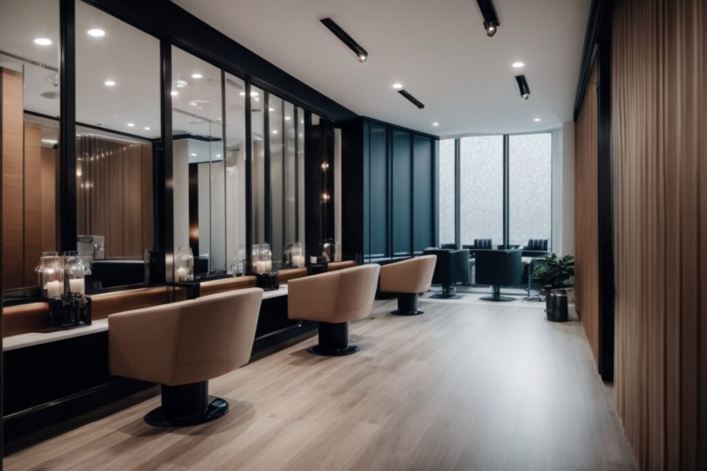 modern salon interior with privacy window films, elegant frosted glass
