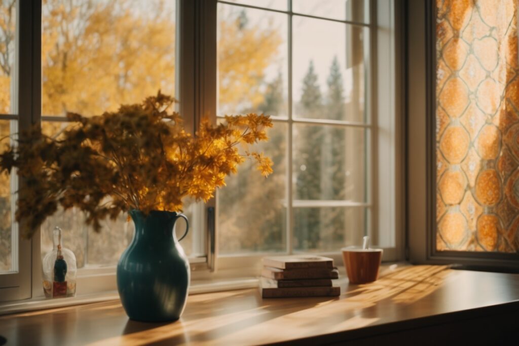 Cozy Denver home interior, sunlight filtering through patterned thermal window films